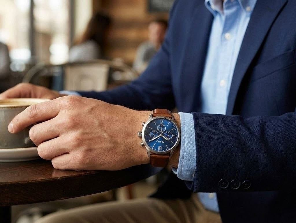 Montre Homme Fossil Chronographe – Cadran Bleu & Bracelet Cuir Marron.