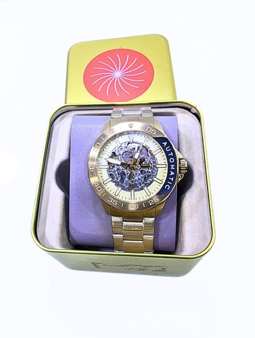 Montre Homme Fossil Automatique Squelette – Boîtier & Bracelet Dorés.