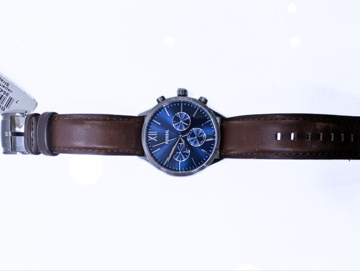 Montre Homme Fossil Chronographe – Cadran Bleu & Bracelet Cuir Marron.