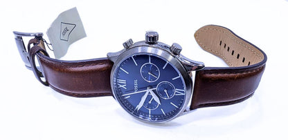 Montre Homme Fossil Chronographe – Cadran Bleu & Bracelet Cuir Marron.