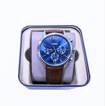 Montre Homme Fossil Chronographe – Cadran Bleu & Bracelet Cuir Marron.