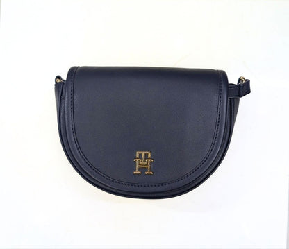 Sac Bandoulière Tommy Hilfiger Demi-Lune Bleu Marine à Monogramme Doré.