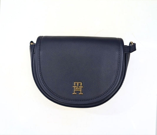 Sac Bandoulière Tommy Hilfiger Demi-Lune Bleu Marine à Monogramme Doré.